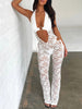 Women’S Hollow Lace Tight Jumpsuit Hanging Neck Sleeveless Showing Navel Long Pants Solid Color Bodysuit for Summer